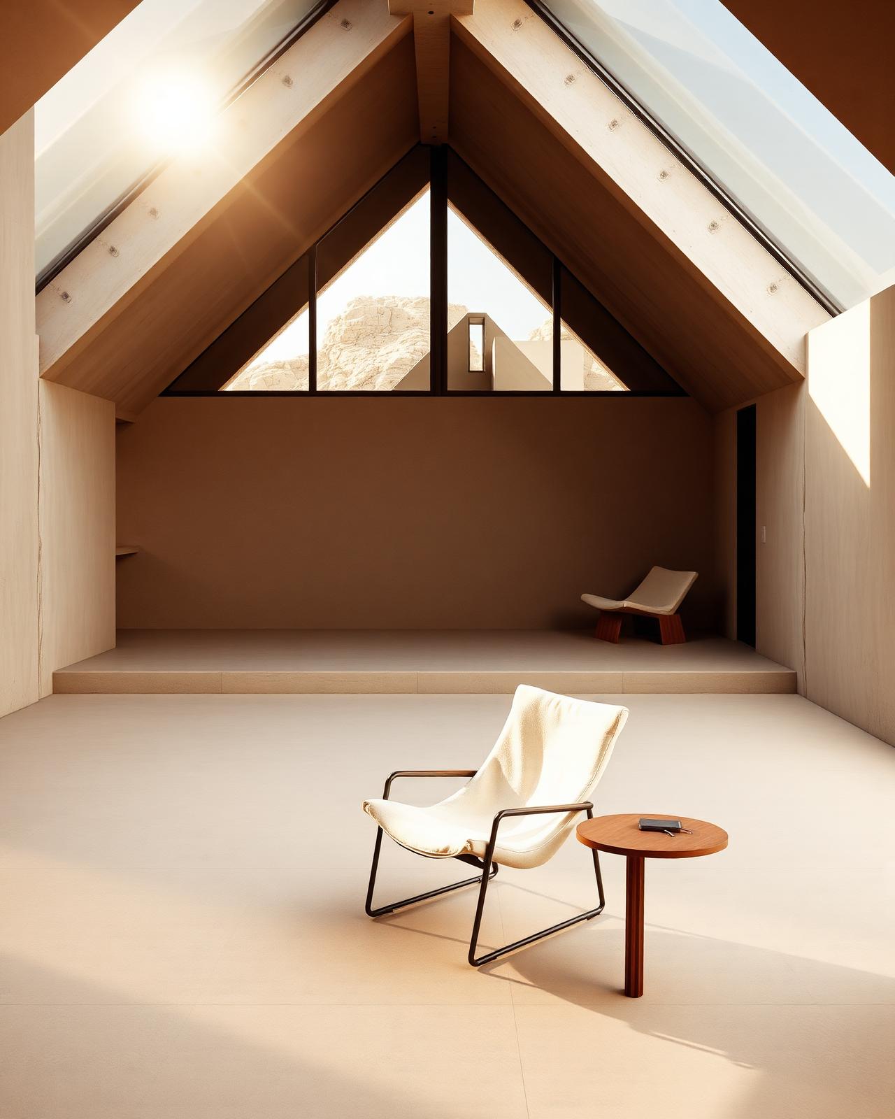 A minimalist villa interior with warm morning light